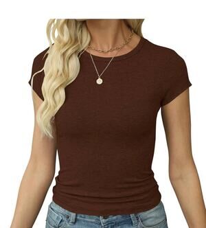 NWT Artfish Women's SS Brown Crew Neck Cropped Slim Fit Workout T Shirt Sz XL